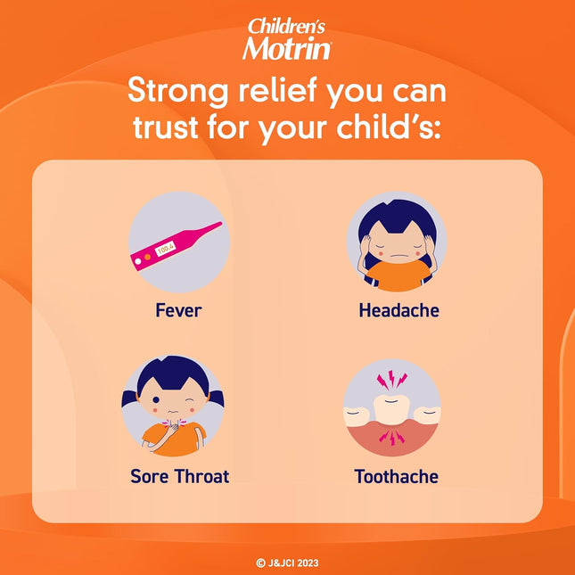 ថ្នាំ Motrin Oral Suspension របស់កុមារ, 100 mg Ibuprofen, Kids Fever Reducer &amp; Pain Reliever for Minor Aches &amp; Pains because of Cold &amp; Flu, Alcohol-Flored, Berry Flavored, 4 fl. អោន
