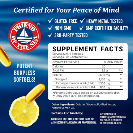 Triple Strength Omega 3 Fish Oil 3600mg - EPA & DHA - 120 Count