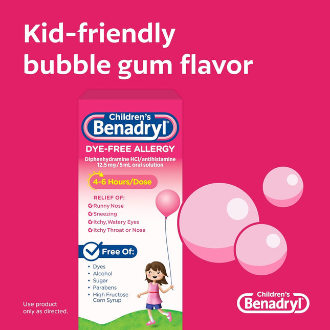 ទឹកថ្នាំបំបាត់អាឡែកហ្សី Benadryl Dye-Free របស់កុមារ + 12.5 mg Diphenhydramine HCl, ថ្នាំប្រឆាំងអ៊ីស្តាមីន សម្រាប់កុមារ ជួយសម្រាលការហៀរសំបោរ និងកណ្តាស់, រសជាតិស្ករកៅស៊ូ, 4 fl. អោន