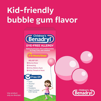 ទឹកថ្នាំបំបាត់អាឡែកហ្សី Benadryl Dye-Free របស់កុមារ + 12.5 mg Diphenhydramine HCl, ថ្នាំប្រឆាំងអ៊ីស្តាមីន សម្រាប់កុមារ ជួយសម្រាលការហៀរសំបោរ និងកណ្តាស់, រសជាតិស្ករកៅស៊ូ, 4 fl. អោន