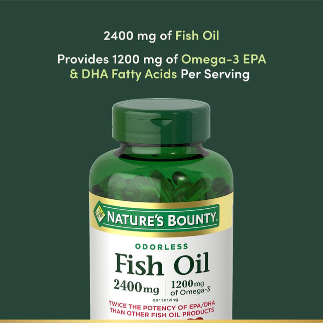 Nature's Bounty Odorless Fish Oil, 1200mg Omega-3 per Serving Including EPA & DHA, Supports Heart Health, Purified to Eliminate Mercury, Coated Softgels, Gluten Free, No Shellfish, 90 Ct