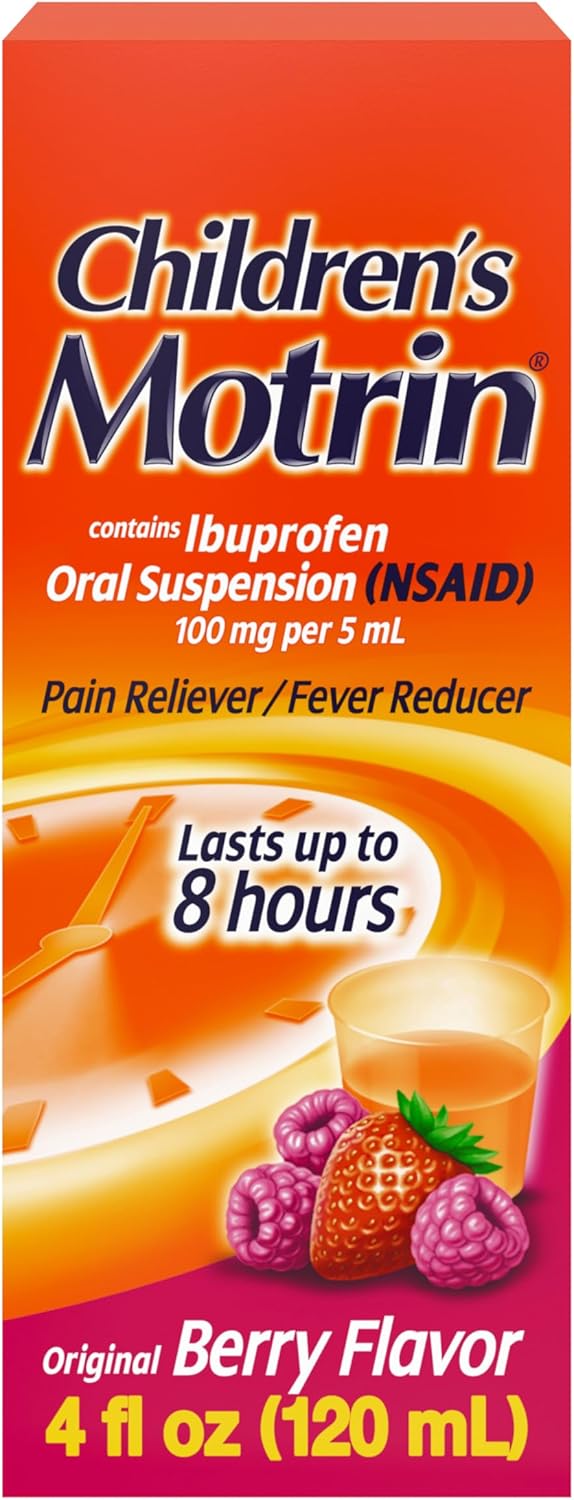ថ្នាំ Motrin Oral Suspension របស់កុមារ, 100 mg Ibuprofen, Kids Fever Reducer &amp; Pain Reliever for Minor Aches &amp; Pains because of Cold &amp; Flu, Alcohol-Flored, Berry Flavored, 4 fl. អោន