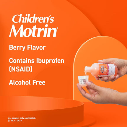 Children's Motrin Oral Suspension Medicine, 100 mg Ibuprofen, Kids Fever Reducer & Pain Reliever for Minor Aches & Pains Due to Cold & Flu, Alcohol-Free, Berry Flavored, 4 fl. oz