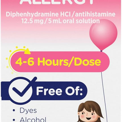 ទឹកថ្នាំបំបាត់អាឡែកហ្សី Benadryl Dye-Free របស់កុមារ + 12.5 mg Diphenhydramine HCl, ថ្នាំប្រឆាំងអ៊ីស្តាមីន សម្រាប់កុមារ ជួយសម្រាលការហៀរសំបោរ និងកណ្តាស់, រសជាតិស្ករកៅស៊ូ, 4 fl. អោន