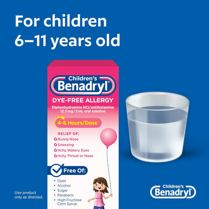 ទឹកថ្នាំបំបាត់អាឡែកហ្សី Benadryl Dye-Free របស់កុមារ + 12.5 mg Diphenhydramine HCl, ថ្នាំប្រឆាំងអ៊ីស្តាមីន សម្រាប់កុមារ ជួយសម្រាលការហៀរសំបោរ និងកណ្តាស់, រសជាតិស្ករកៅស៊ូ, 4 fl. អោន