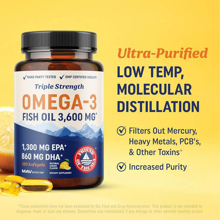 Triple Strength Omega 3 Fish Oil 3600mg - EPA & DHA - 120 Count