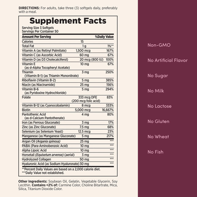 Nature's Bounty Optimal Solutions Advanced Hair, Skin and Nail Biotin & Vitamins A, C, & E Softgels, 150 Count